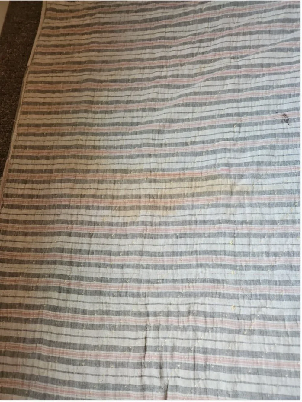 Antique 1920s Mens Wool Scrap Hand Sewn Quilt Stripe Ticking Back Yarn 58 x 75.5